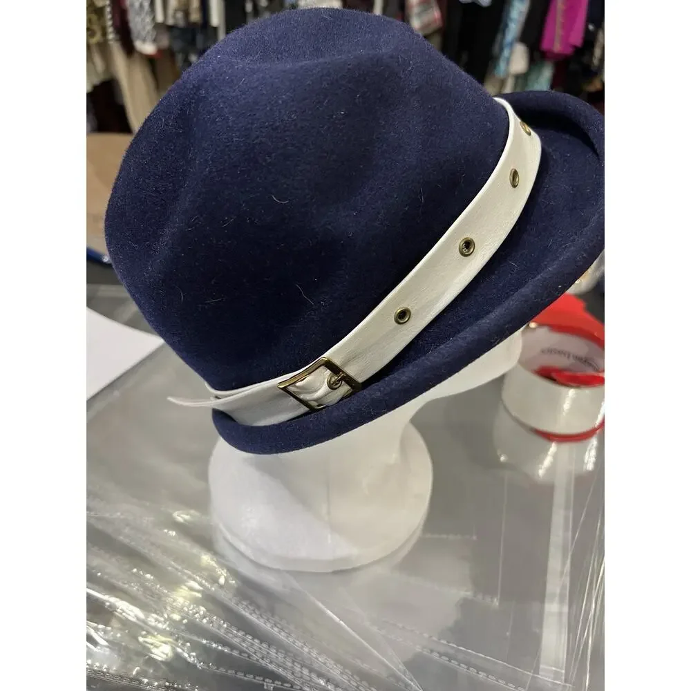 Henry Pollak Blue Wool Felt Vintage White Faux Leather Band 70’s - Picture 4 of 5